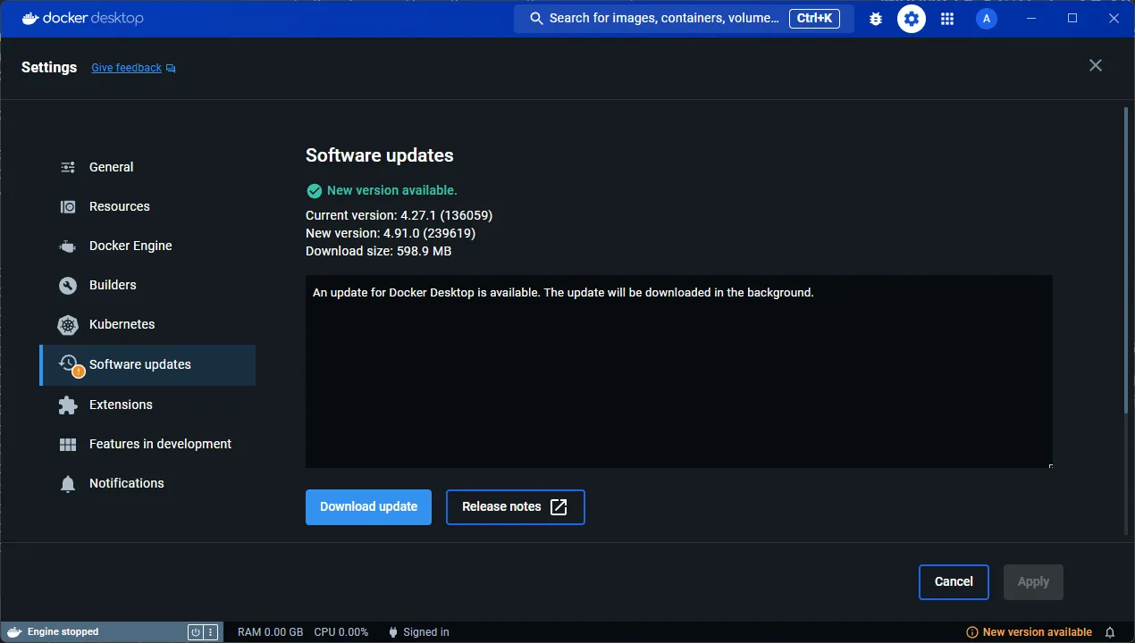 Docker Desktop Update screen