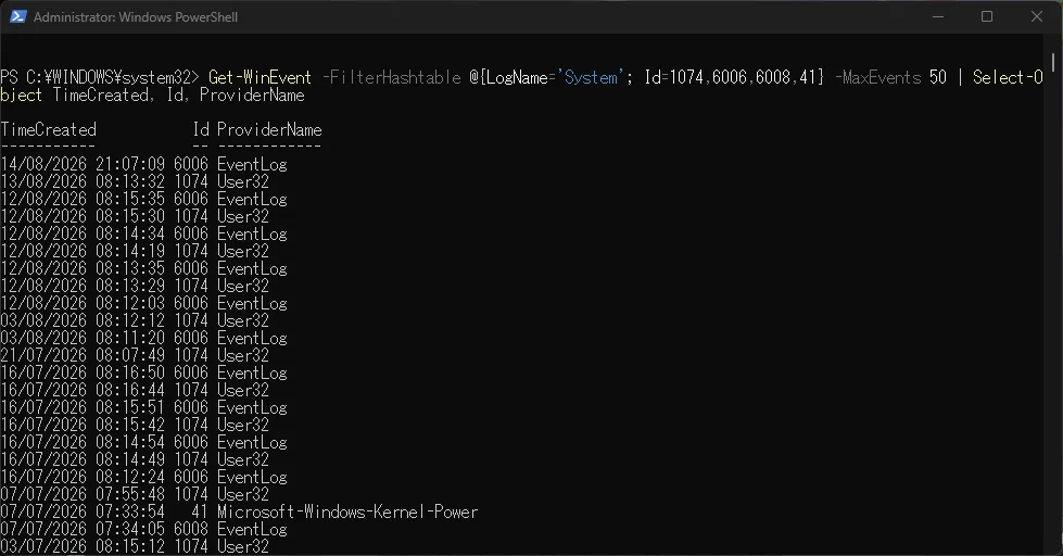 Result to execute powershell get winevent command